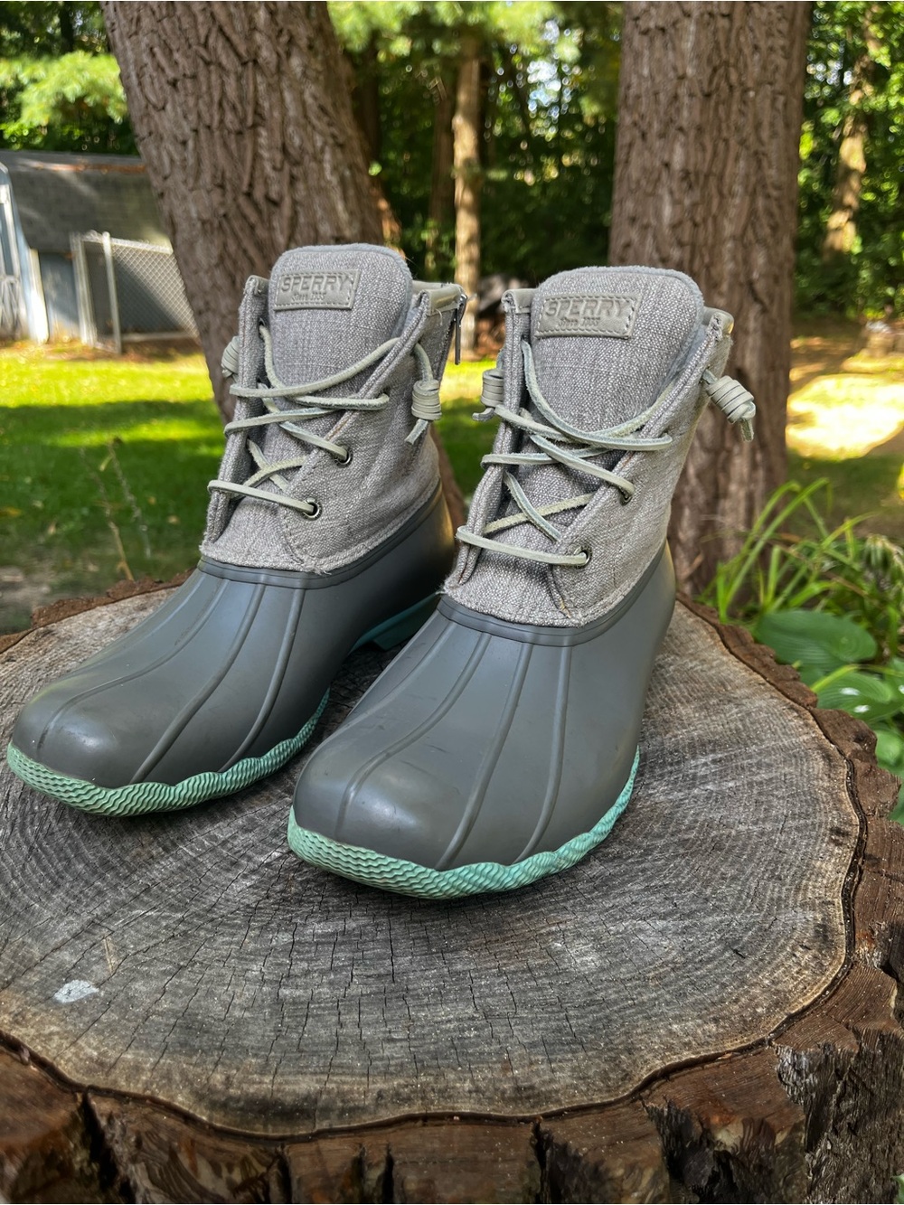 Sperry Top-Sider Saltwater Women Duck Boots Gray Teal Rain Waterproof Size 9